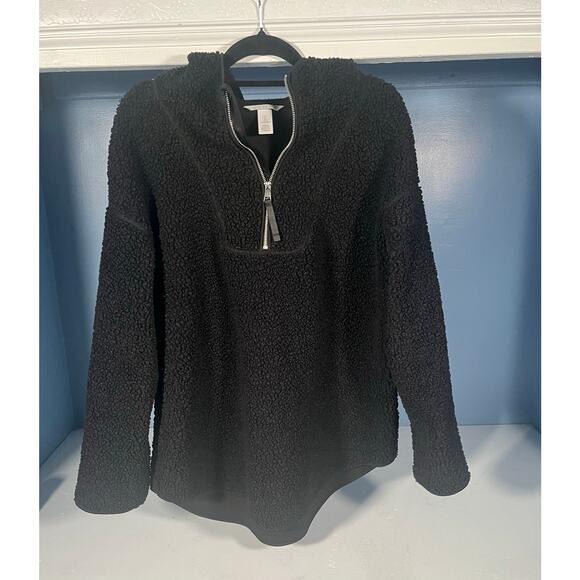 H&M Black Sherpa Half Zip Hoodie Pullover Fleece Jacket Large Cozy Warm - Picture 2 of 8